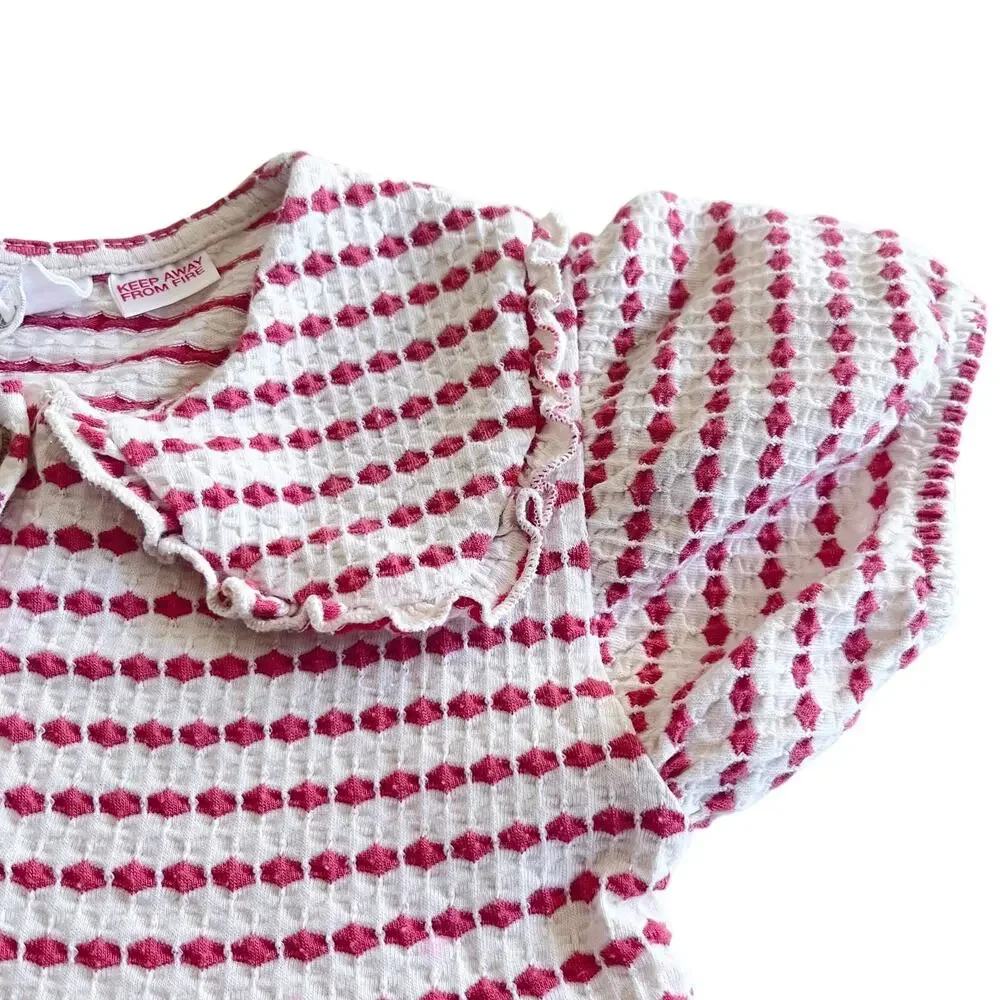 Zara Girls Short Sleeve Textured Stripe Ruffled Trim Neck Dress 12-18 Months